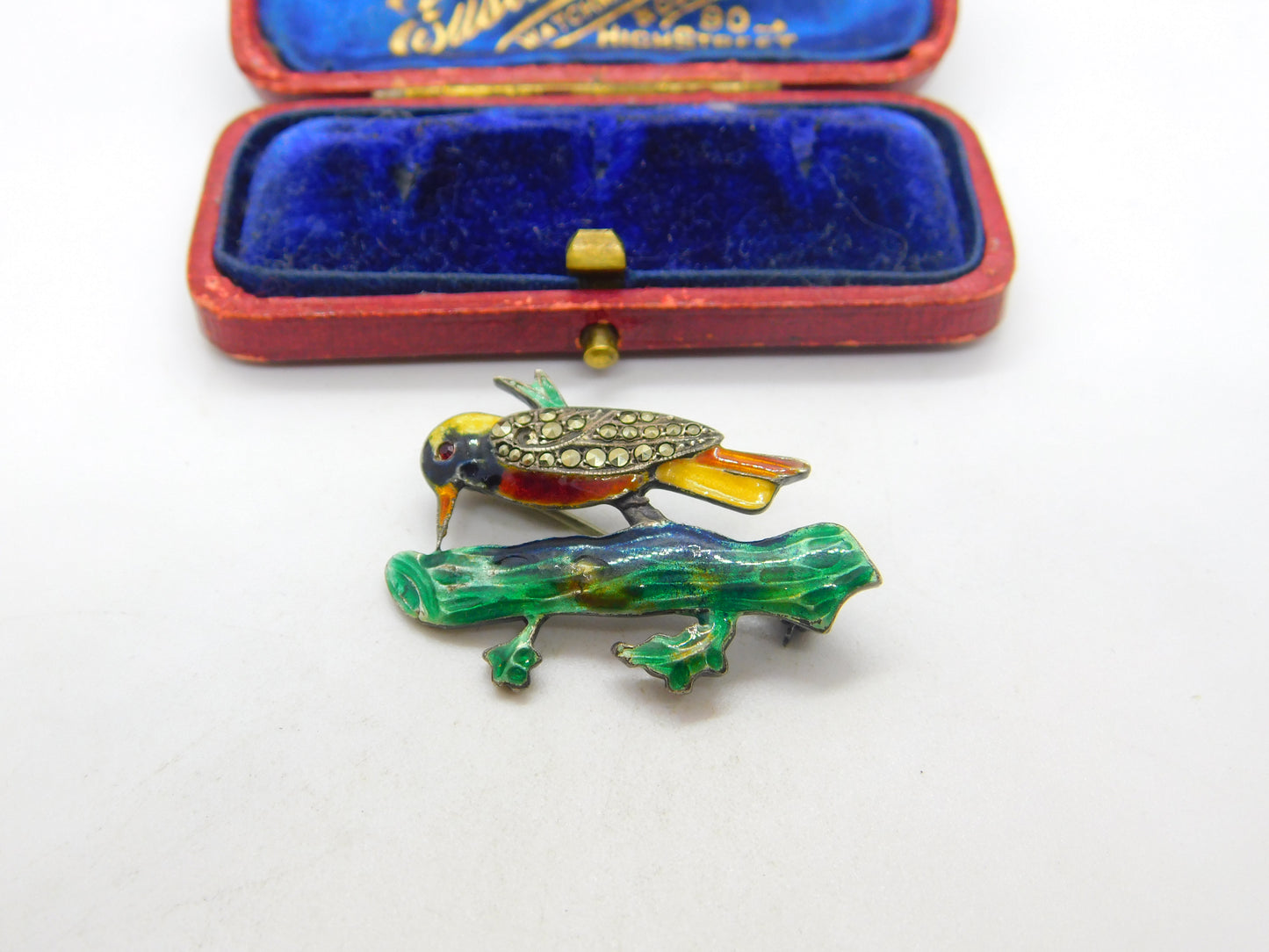 Sterling Silver, Colourful Enamel Marcasite Woodpecker Brooch Antique c1940