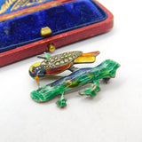 Sterling Silver, Colourful Enamel Marcasite Woodpecker Brooch Antique c1940