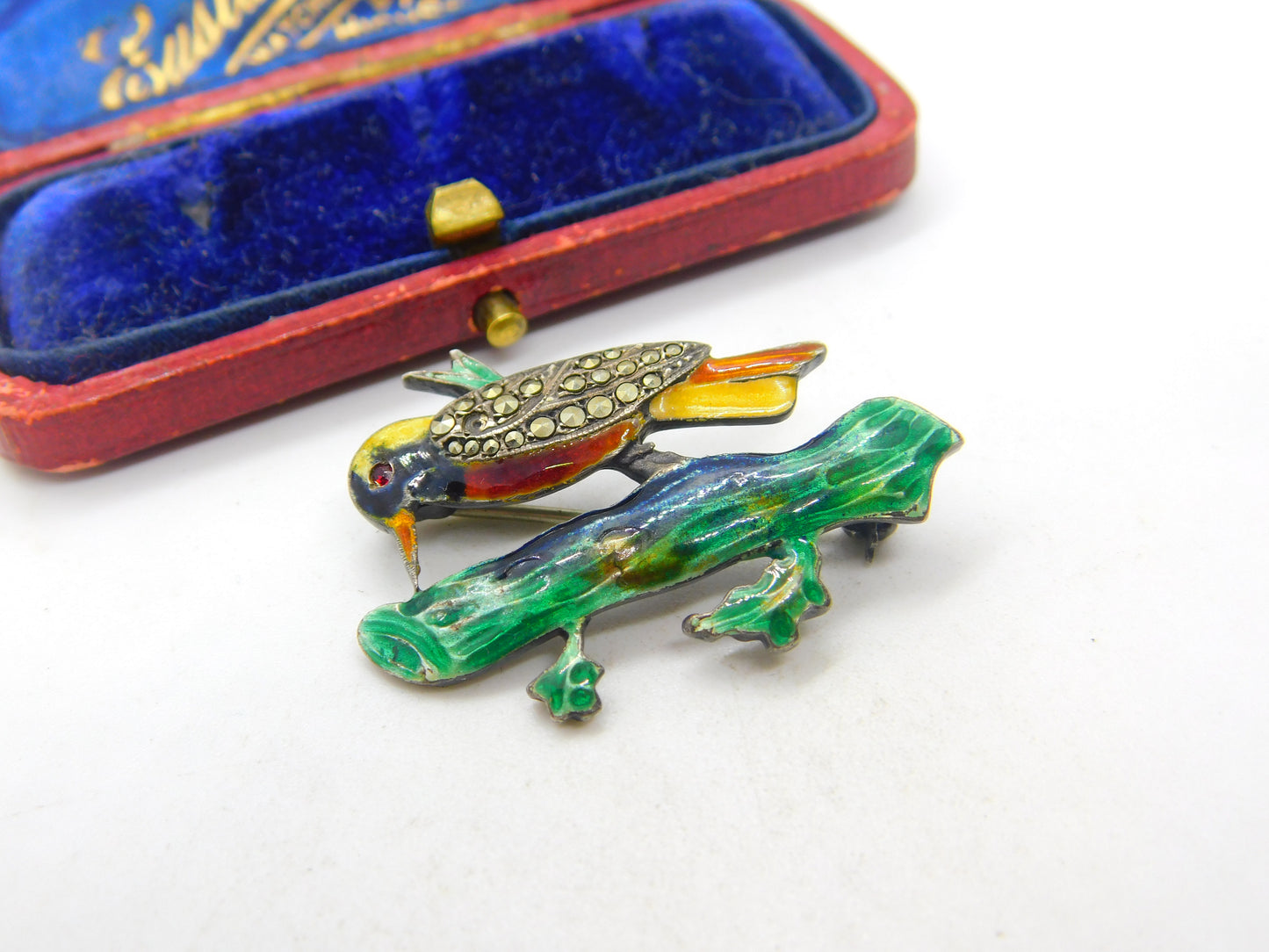 Sterling Silver, Colourful Enamel Marcasite Woodpecker Brooch Antique c1940