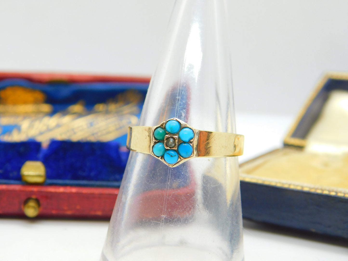 10ct Gold Turquoise & Seed Pearl Set Floral Cluster Ring Antique c1900 Victorian