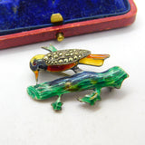 Sterling Silver, Colourful Enamel Marcasite Woodpecker Brooch Antique c1940