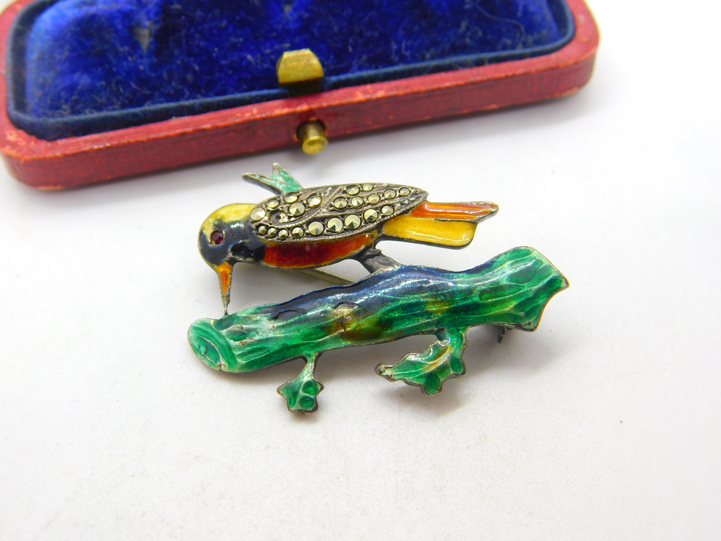 Sterling Silver, Colourful Enamel Marcasite Woodpecker Brooch Antique c1940