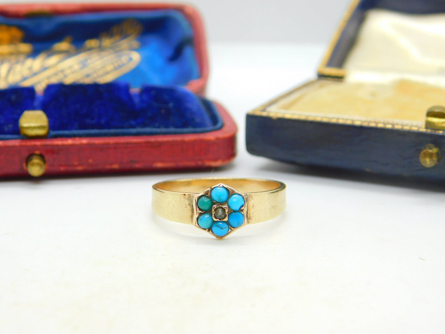 10ct Gold Turquoise & Seed Pearl Set Floral Cluster Ring Antique c1900 Victorian