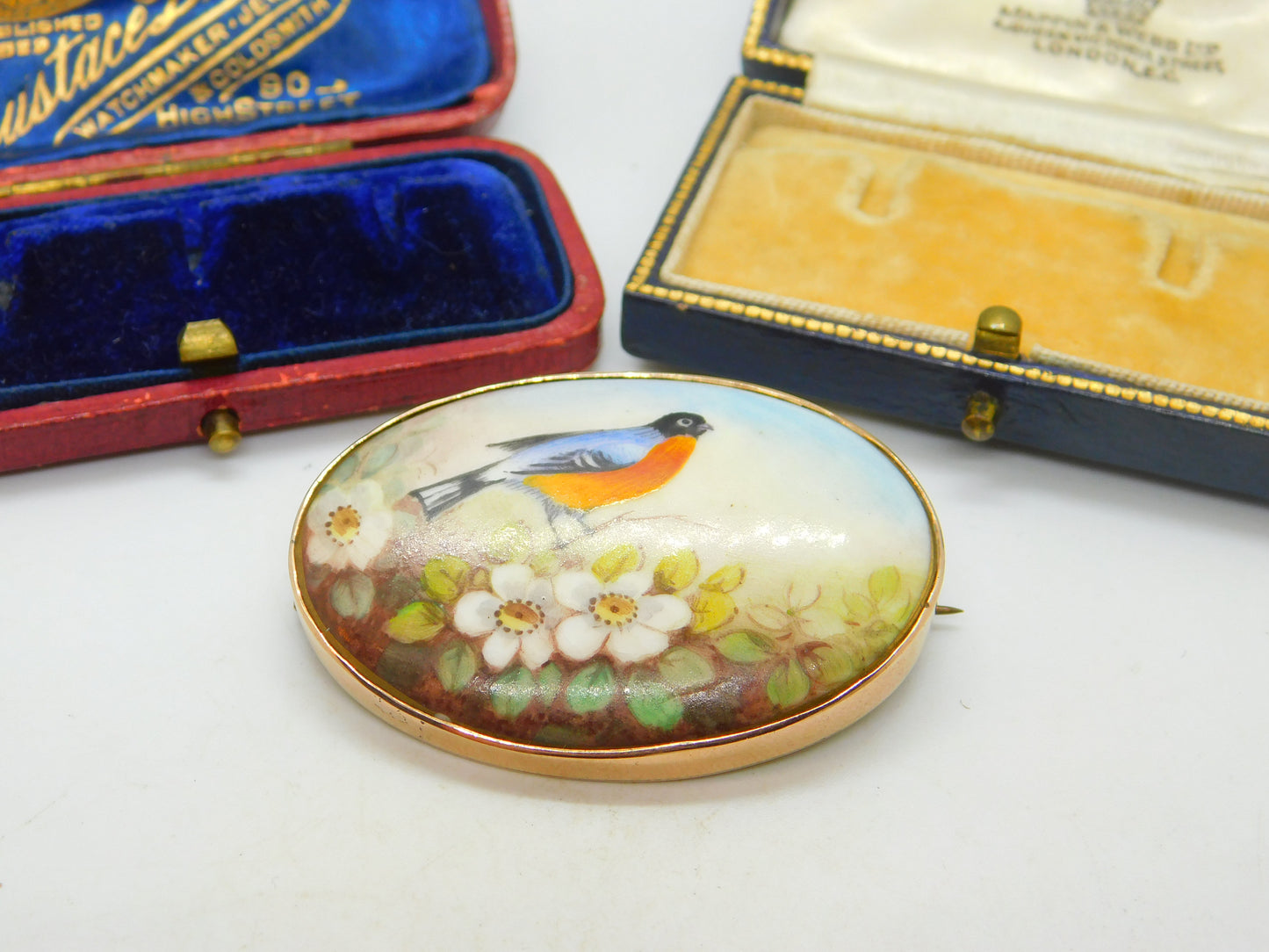 9ct Rose Gold Crown Staffordshire Painted Bird Brooch Antique c1920 Art Deco