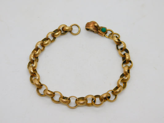 Victorian Style 9ct Gold Belcher Chain Bracelet Turquoise Hand Clasp Vintage 1998
