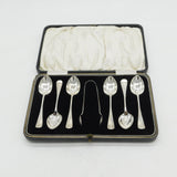 Boxed Set of Sterling Silver Teaspoons & Tongs Antique 1931 Birmingham Deco