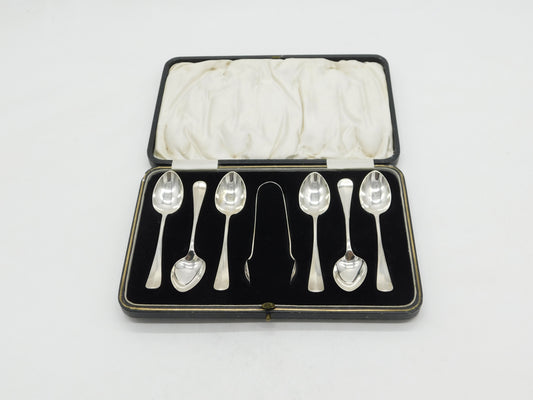 Boxed Set of Sterling Silver Teaspoons & Tongs Antique 1931 Birmingham Deco