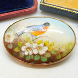 9ct Rose Gold Crown Staffordshire Painted Bird Brooch Antique c1920 Art Deco