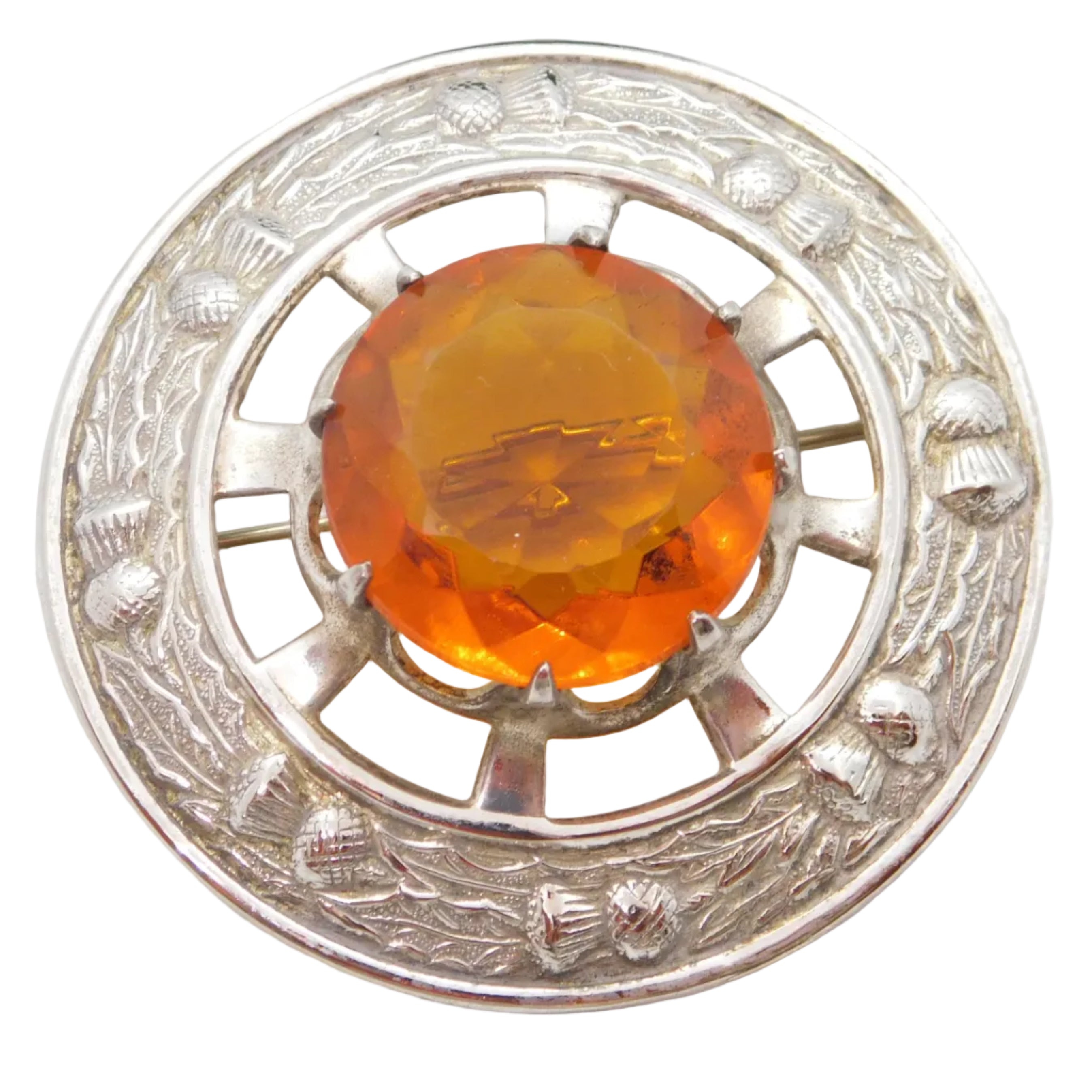 Antique silver-plated citrine paste thistle kilt brooch from Scotland, c1920s.
