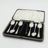 Boxed Set of Sterling Silver Teaspoons & Tongs Antique 1931 Birmingham Deco