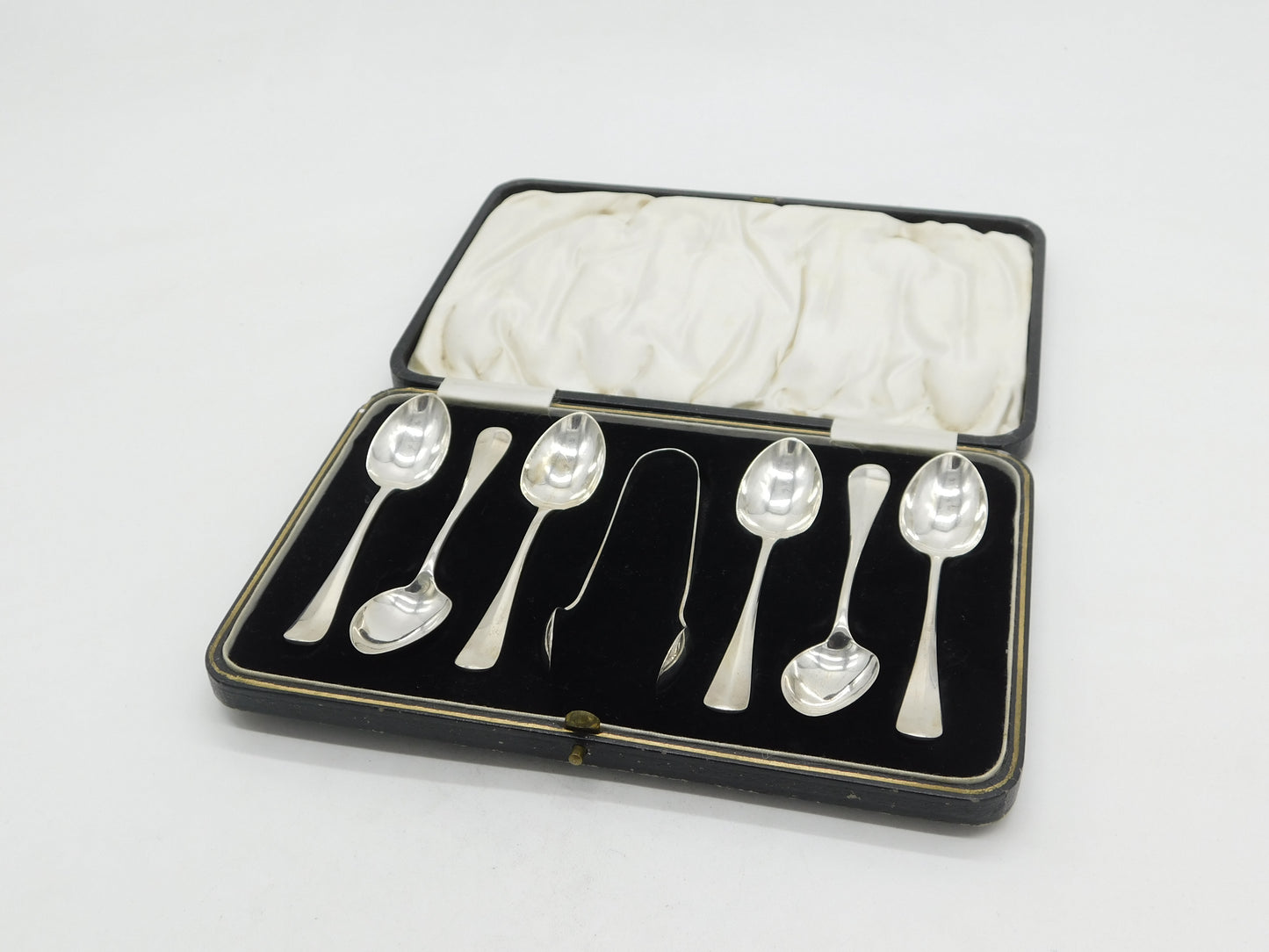 Boxed Set of Sterling Silver Teaspoons & Tongs Antique 1931 Birmingham Deco