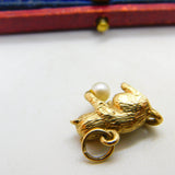 9ct Yellow Gold Kitten Playing with Pearl Ball 1966 London Vintage