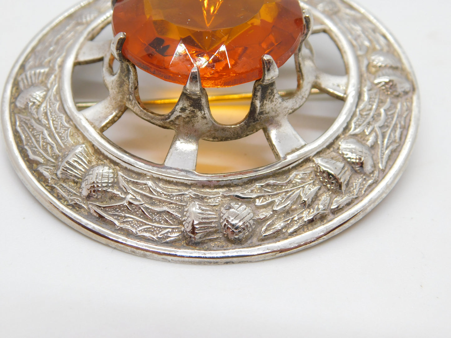 Scottish Large Silver Plated Citrine Paste Thistle Kilt Brooch Antique c1920s