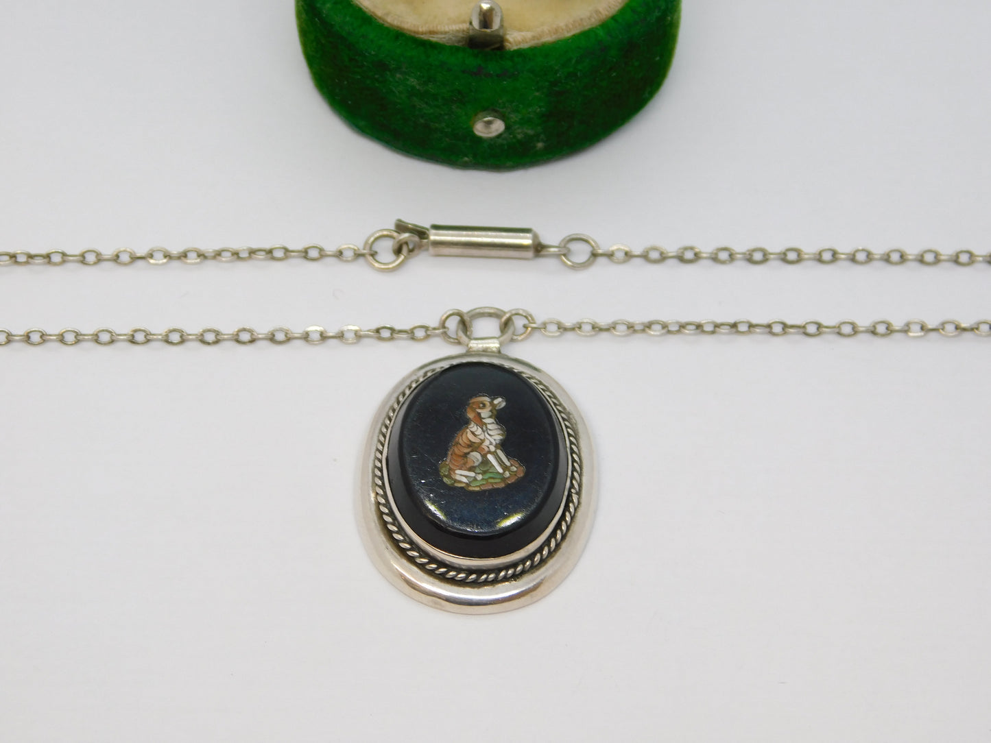 19th Century Sterling Silver Spaniel Dog Micro Mosaic Pendant Necklace Antique c1880