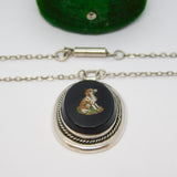 19th Century Sterling Silver Spaniel Dog Micro Mosaic Pendant Necklace Antique c1880