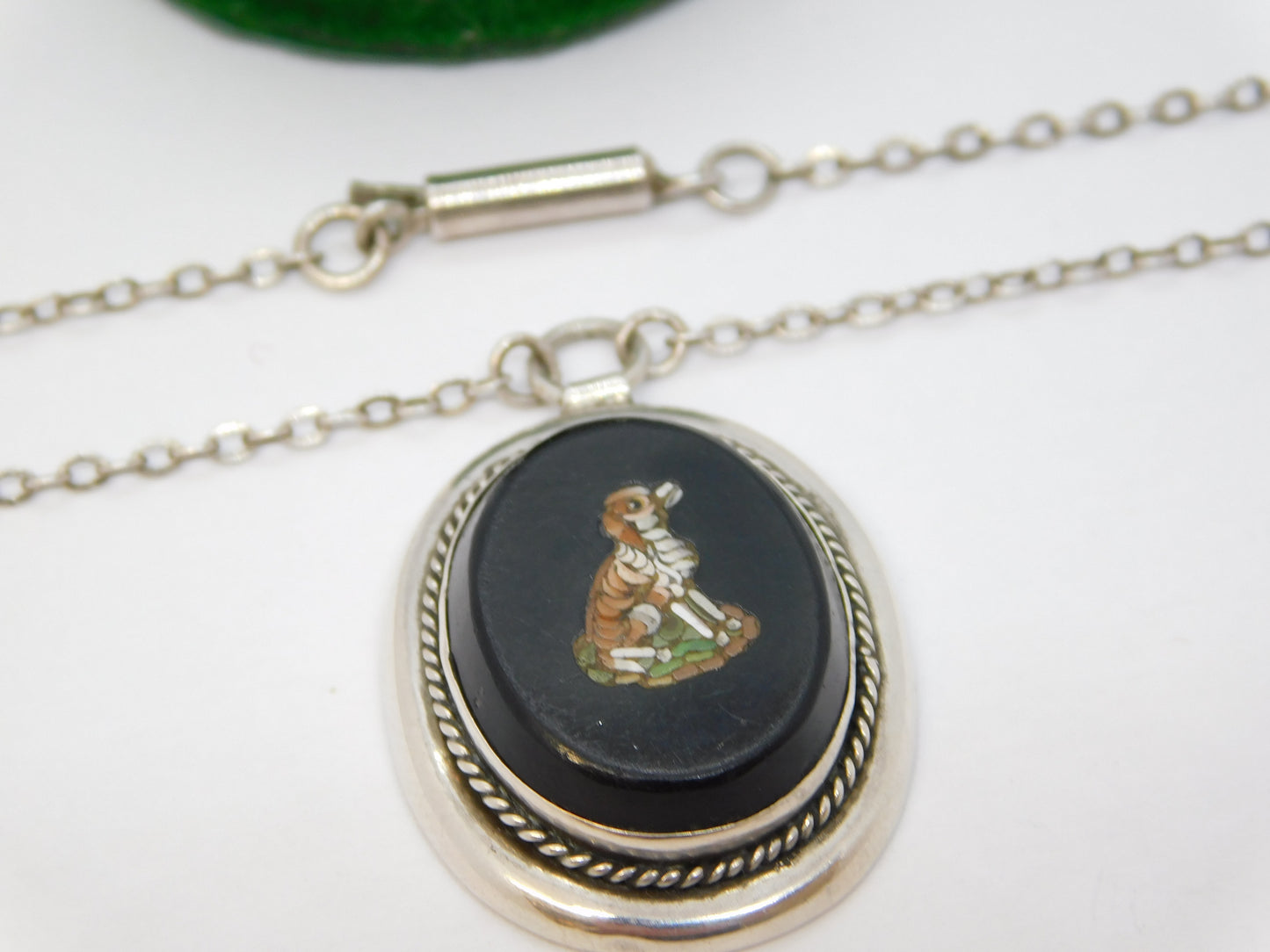 19th Century Sterling Silver Spaniel Dog Micro Mosaic Pendant Necklace Antique c1880