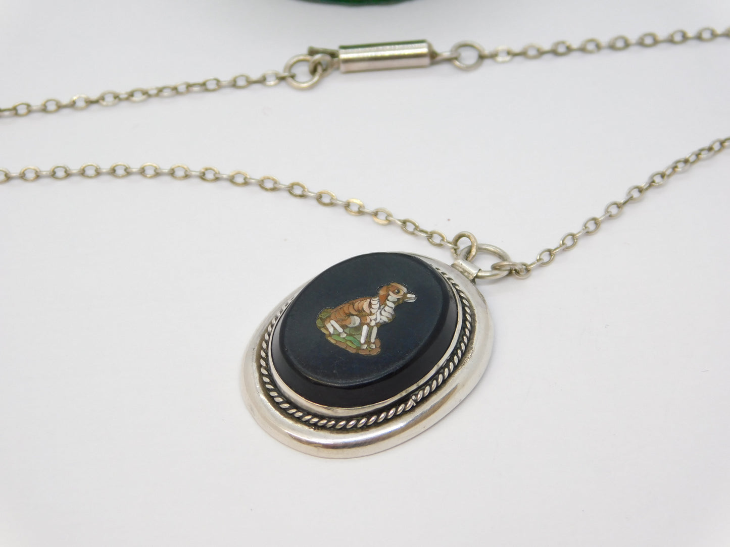 19th Century Sterling Silver Spaniel Dog Micro Mosaic Pendant Necklace Antique c1880