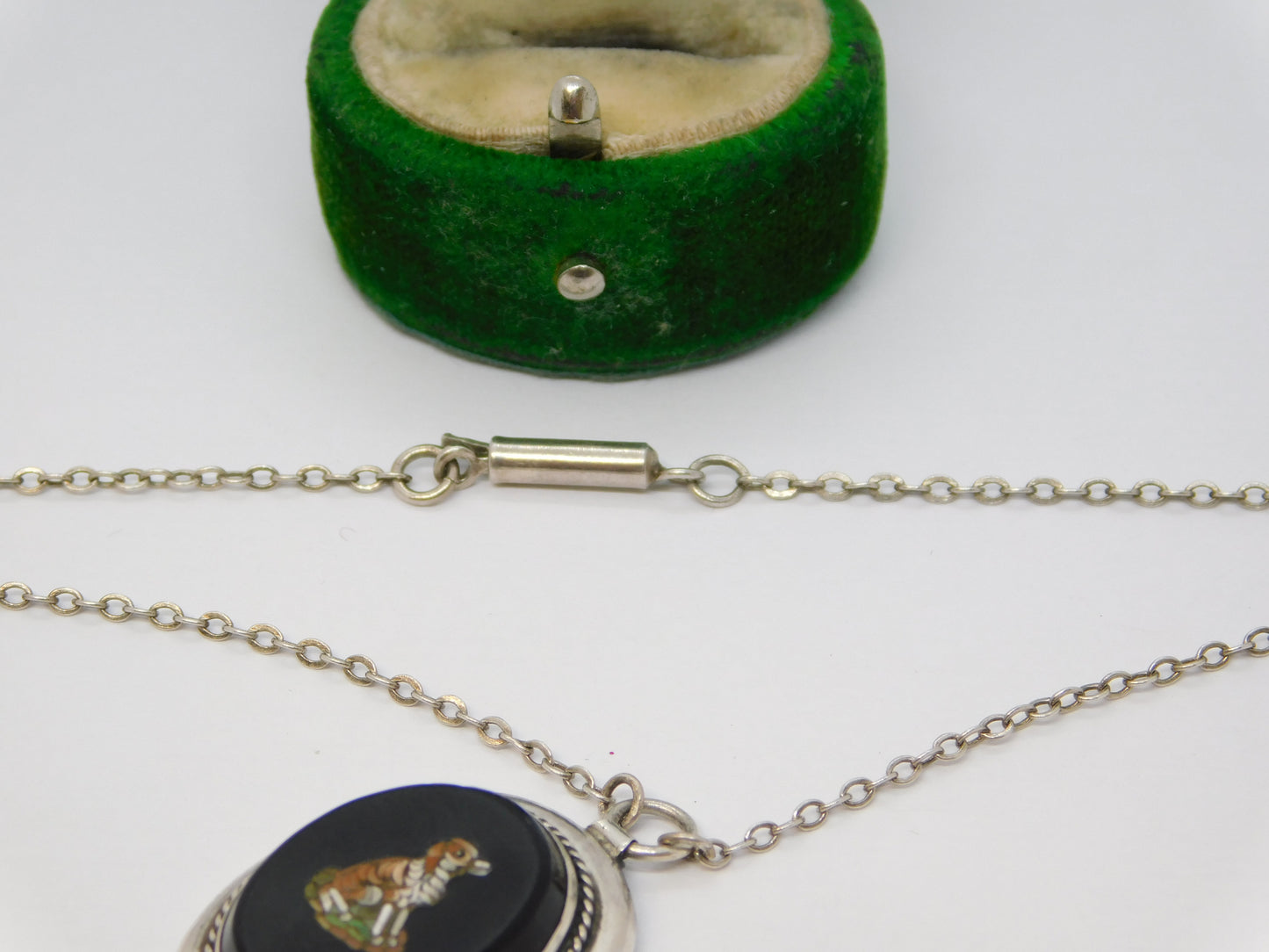 19th Century Sterling Silver Spaniel Dog Micro Mosaic Pendant Necklace Antique c1880