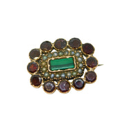 George III 9ct Gold, Garnet, Seed Pearl & Malachite Mourning Brooch Antique c1820