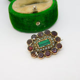 George III 9ct Gold, Garnet, Seed Pearl & Malachite Mourning Brooch Antique c1820