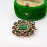 George III 9ct Gold, Garnet, Seed Pearl & Malachite Mourning Brooch Antique c1820