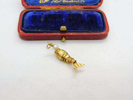 9ct Yellow Gold Articulated Fish with Pearl Ball Charm Pendant Vintage c1970