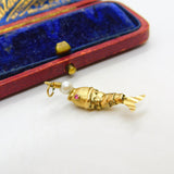 9ct Yellow Gold Articulated Fish with Pearl Ball Charm Pendant Vintage c1970