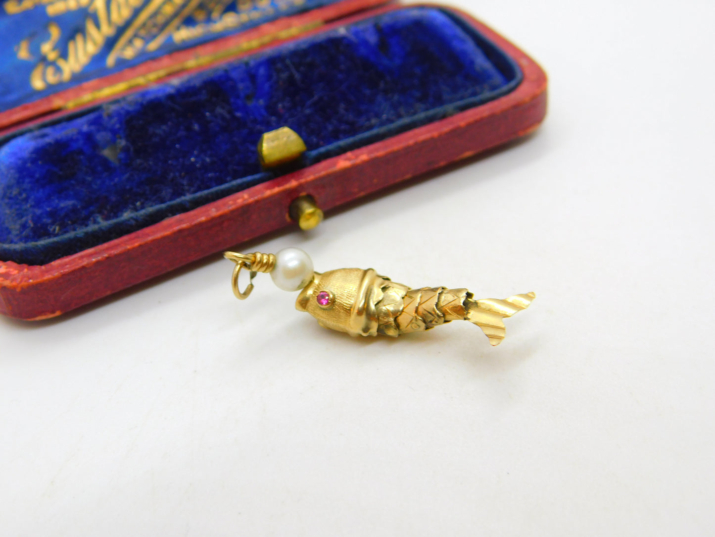 9ct Yellow Gold Articulated Fish with Pearl Ball Charm Pendant Vintage c1970