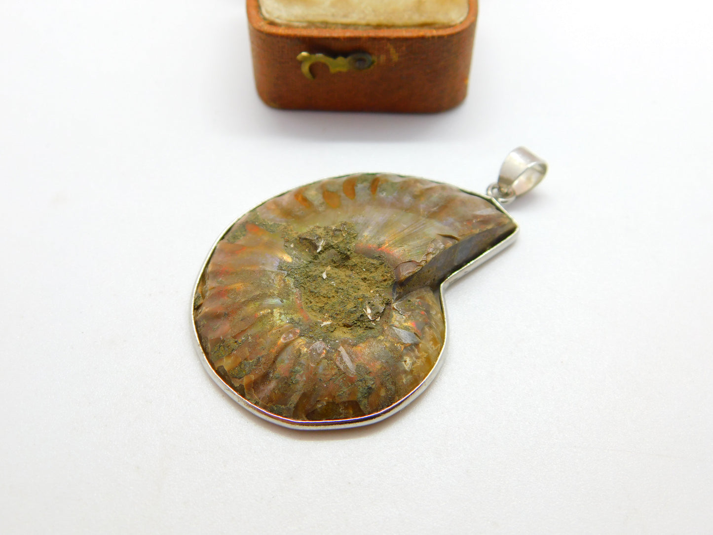 Sterling Silver Large Ammonite Fossil Set Drop Pendant Vintage c1970