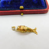 9ct Yellow Gold Articulated Fish with Pearl Ball Charm Pendant Vintage c1970