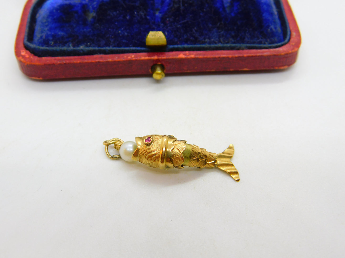 9ct Yellow Gold Articulated Fish with Pearl Ball Charm Pendant Vintage c1970