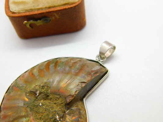 Sterling Silver Large Ammonite Fossil Set Drop Pendant Vintage c1970