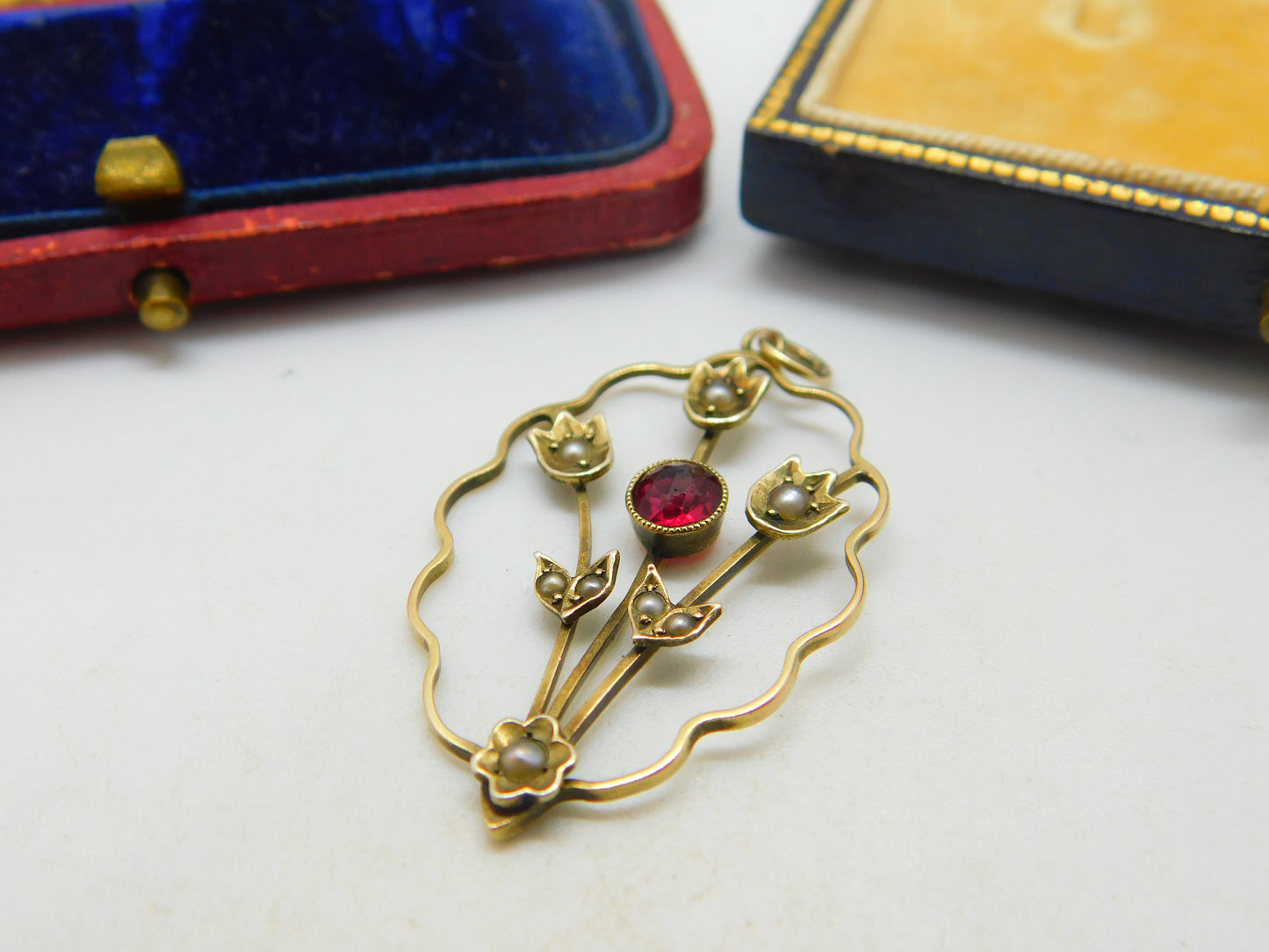 Edwardian 9ct Gold, Garnet & Seed Pearl Lavalier Drop Pendant Antique c1910