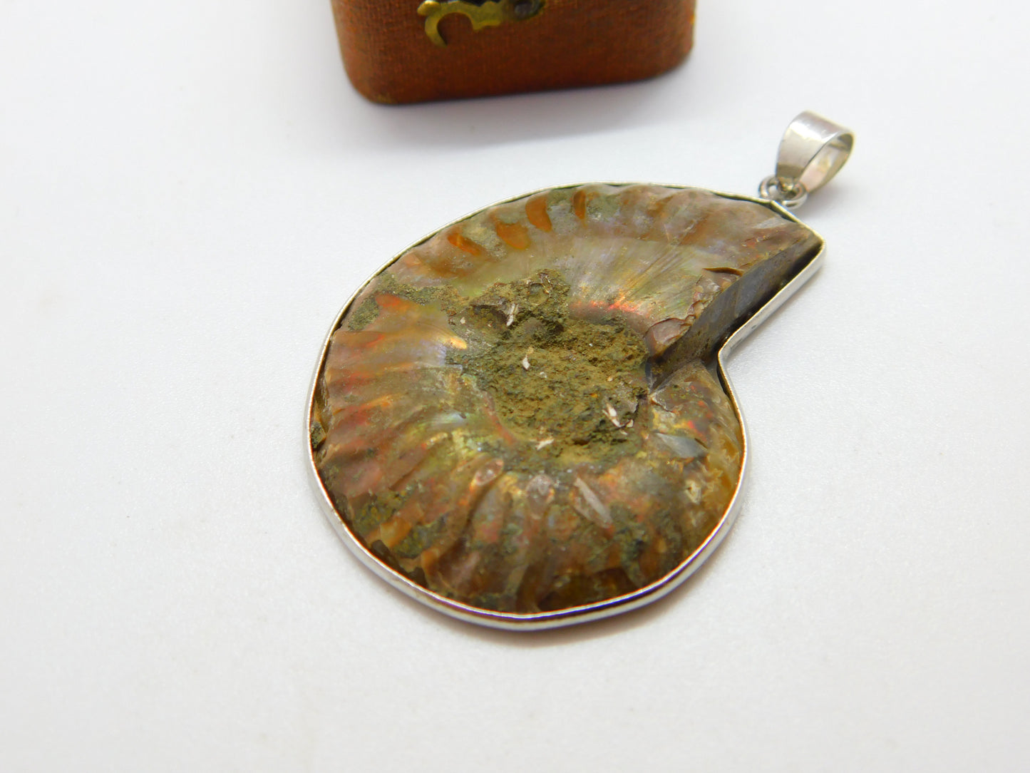 Sterling Silver Large Ammonite Fossil Set Drop Pendant Vintage c1970