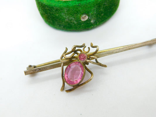 Victorian Gilt Metal & Pink Paste Set Spider Insect Brooch Antique c1890