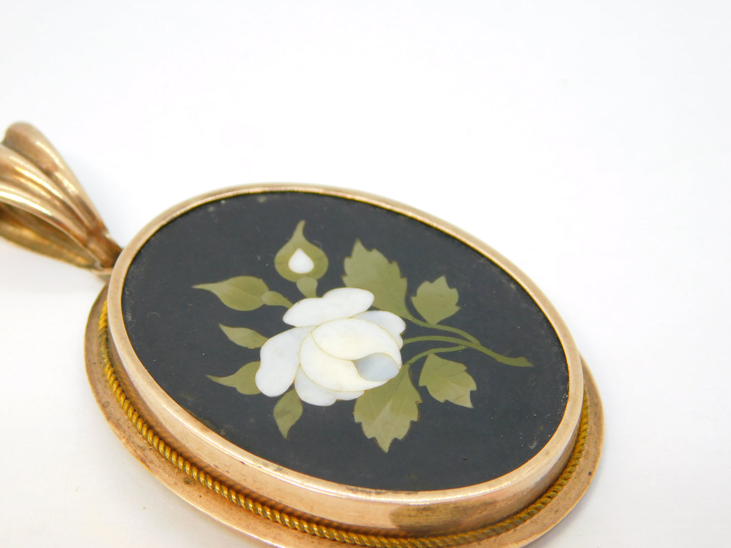 19th Century 9ct Rose Gold Italian Pietra Dura White Flower Locket Pendant c1880