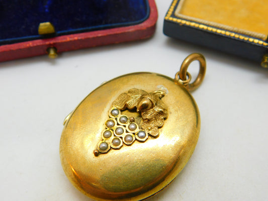 Victorian Rolled Gold Acorn Form Seed Pearl Large Locket Antique c1890