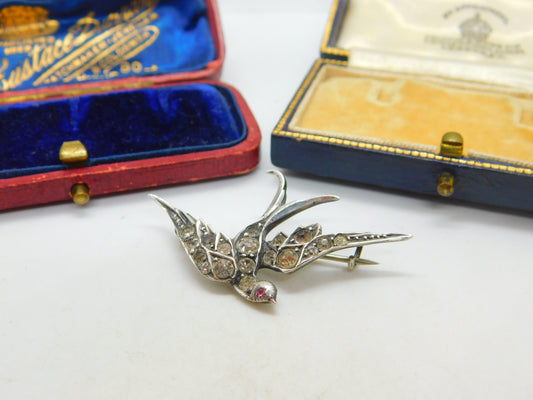 Sterling Silver & Diamond Paste Sweetheart Swallow Brooch Antique c1920 Deco