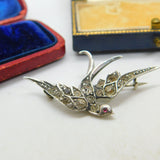 Sterling Silver & Diamond Paste Sweetheart Swallow Brooch Antique c1920 Deco