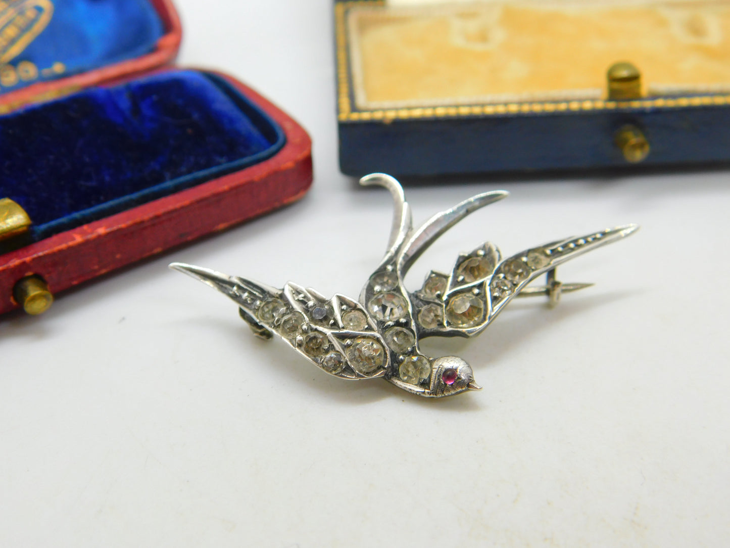 Sterling Silver & Diamond Paste Sweetheart Swallow Brooch Antique c1920 Deco