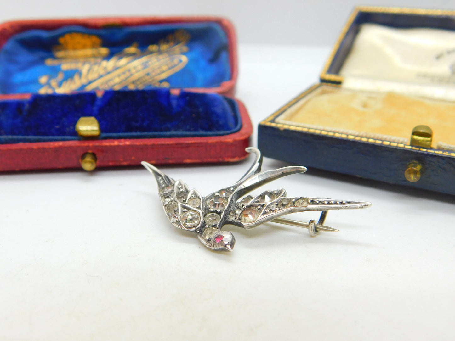 Sterling Silver & Diamond Paste Sweetheart Swallow Brooch Antique c1920 Deco