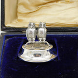 Edwardian Boxed Pair of Sterling Silver Perched Owl Menu Holders Antique 1905 Birmingham