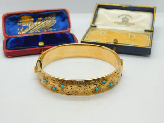 9ct Rolled Gold & Turquoise Set Floral Bangle Bracelet Antique c1900 Victorian