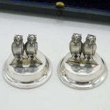 Edwardian Boxed Pair of Sterling Silver Perched Owl Menu Holders Antique 1905 Birmingham