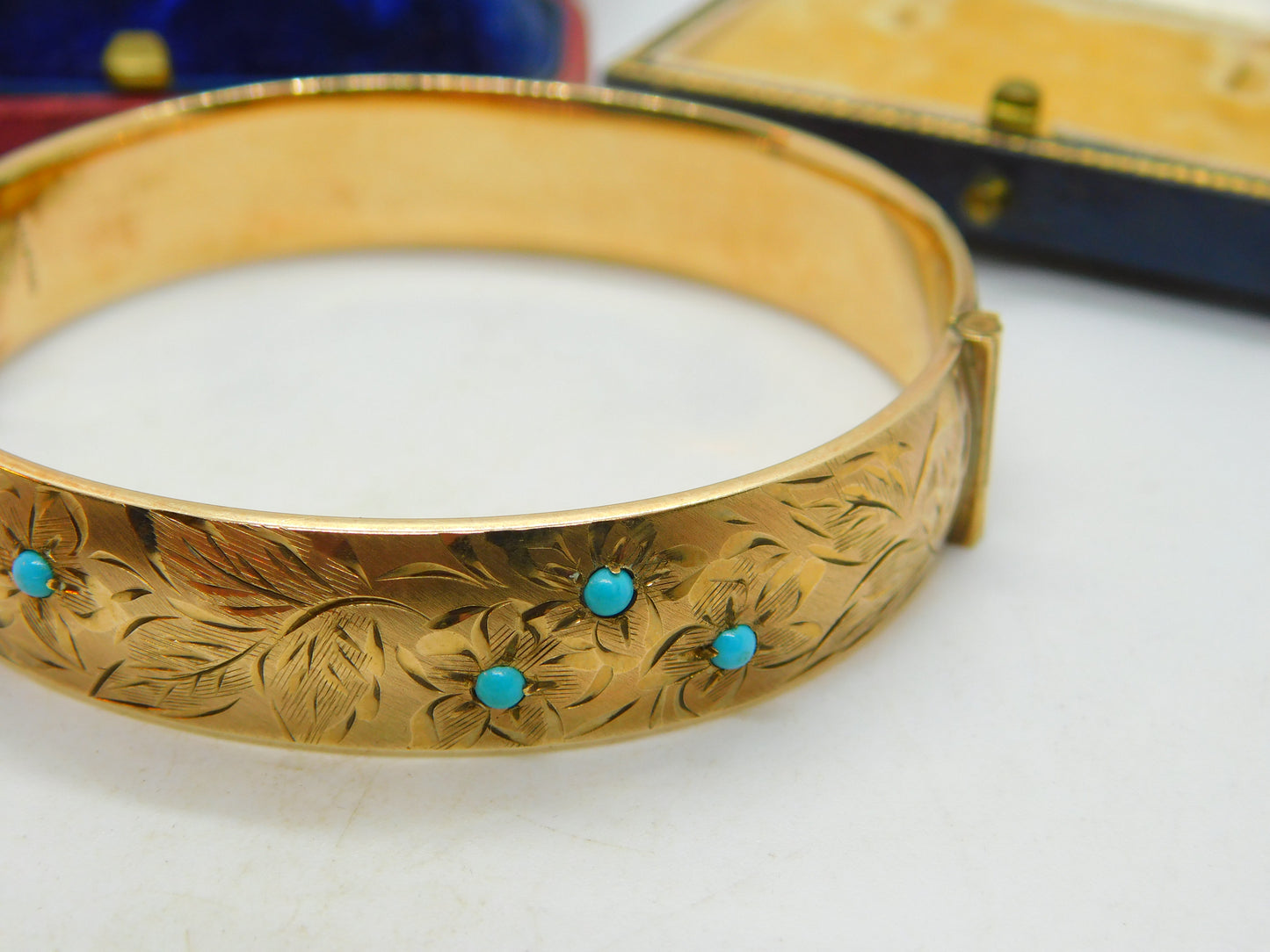 9ct Rolled Gold & Turquoise Set Floral Bangle Bracelet Antique c1900 Victorian