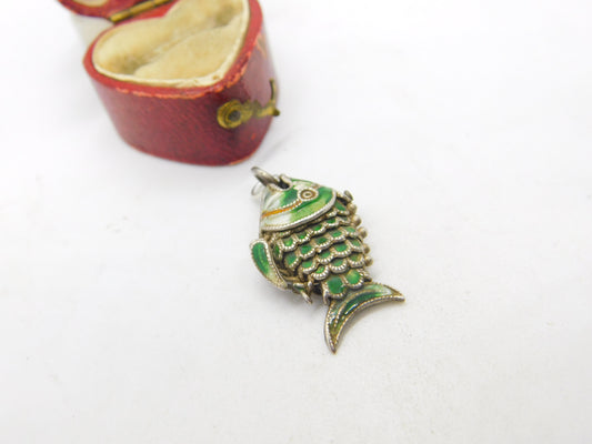 Chinese Export Sterling Silver & Colourful Enamel Flappy Fish Pendant c1950