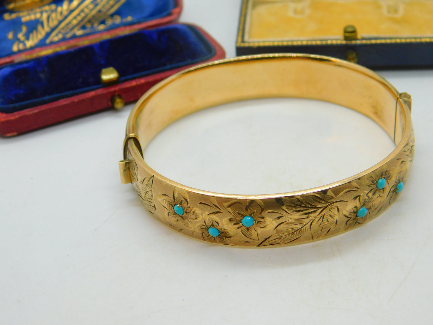 9ct Rolled Gold & Turquoise Set Floral Bangle Bracelet Antique c1900 Victorian