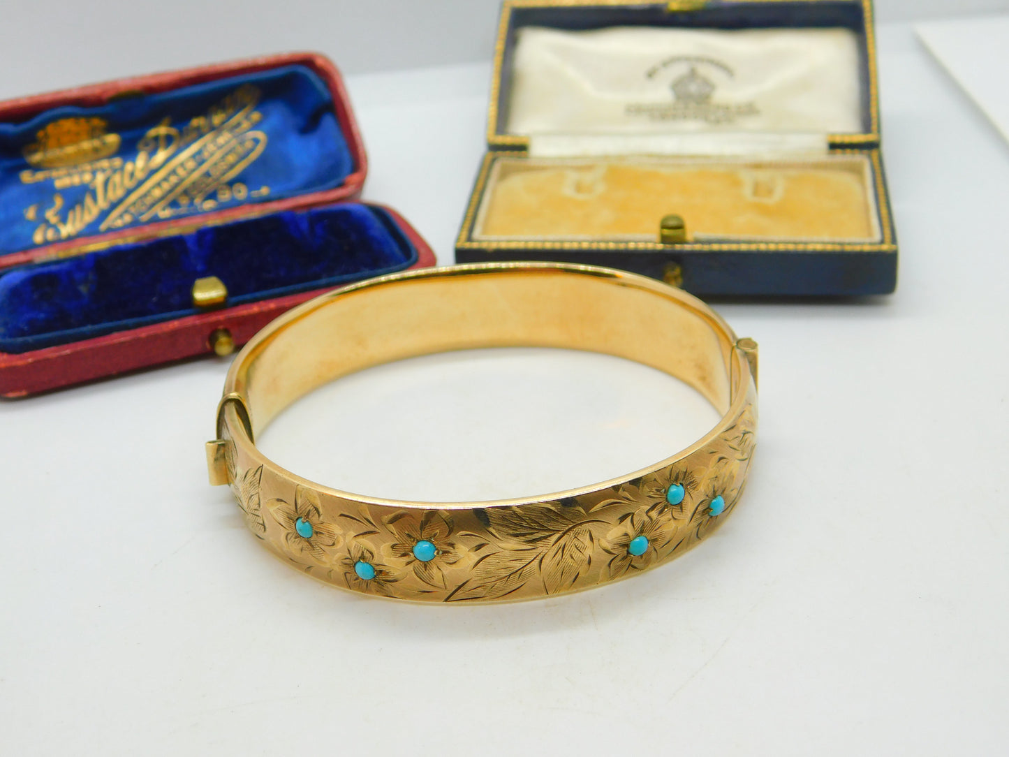 9ct Rolled Gold & Turquoise Set Floral Bangle Bracelet Antique c1900 Victorian