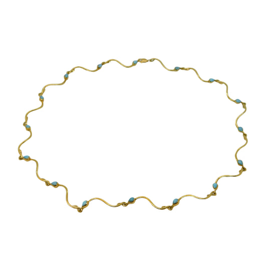 Italian 14ct Yellow Gold & Turquoise Wave Pattern Necklace Vintage c1970