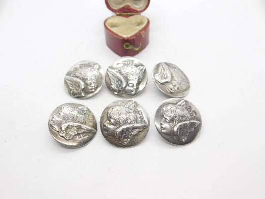 Victorian Set of Sterling Silver Cherub Pattern Buttons 1900 London Comyns